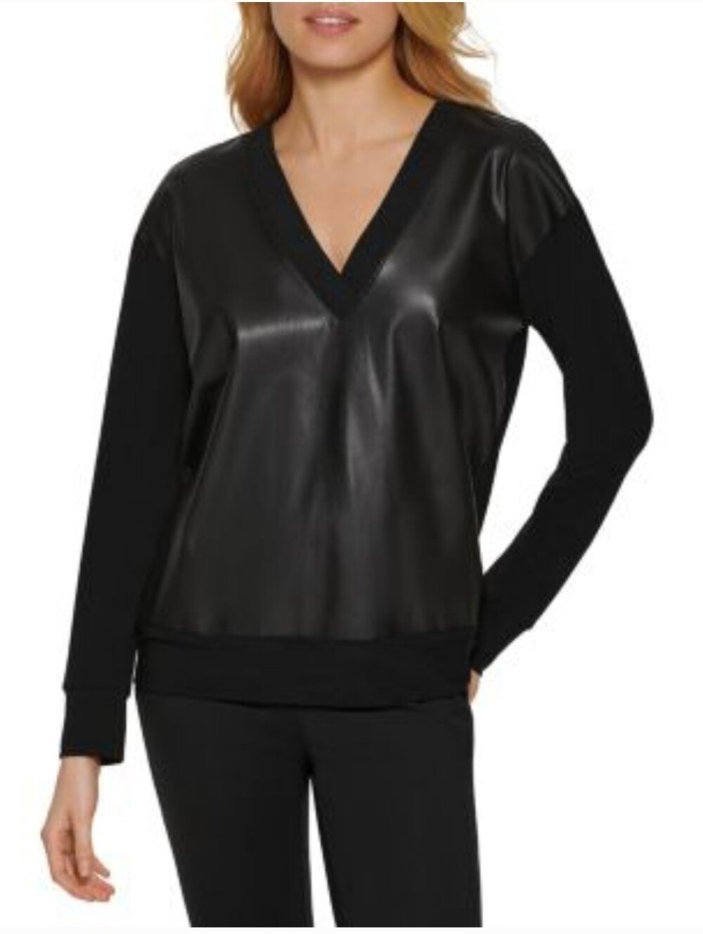 DKNY Women's Black Faux-Leather Front Soft V-Neck Sweatshirt Sweater Top Sz L
